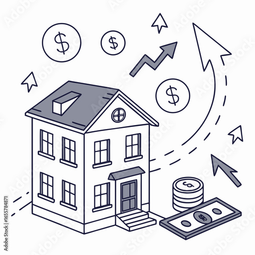 Illustration of a house with money and arrows, symbolizing real estate investment growth