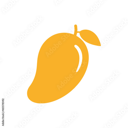 Yellow mango icon with stem and leaves on white background.
