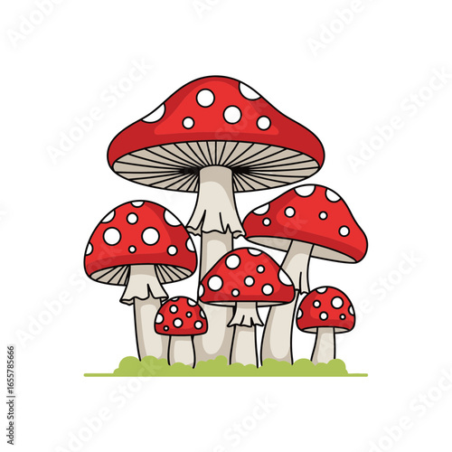 Cluster of red and white spotted mushrooms on green grass.