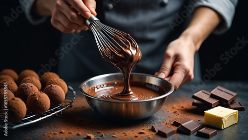 Close-up of hands whisking rich melting chocolate in a metal bowl, surrounded by truffles and chocolate bars.