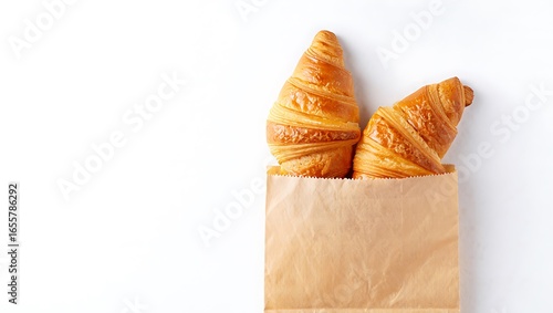 Minimalist top-down view of two golden, flaky croissants peeking from a plain brown paper bag on a clean white background.