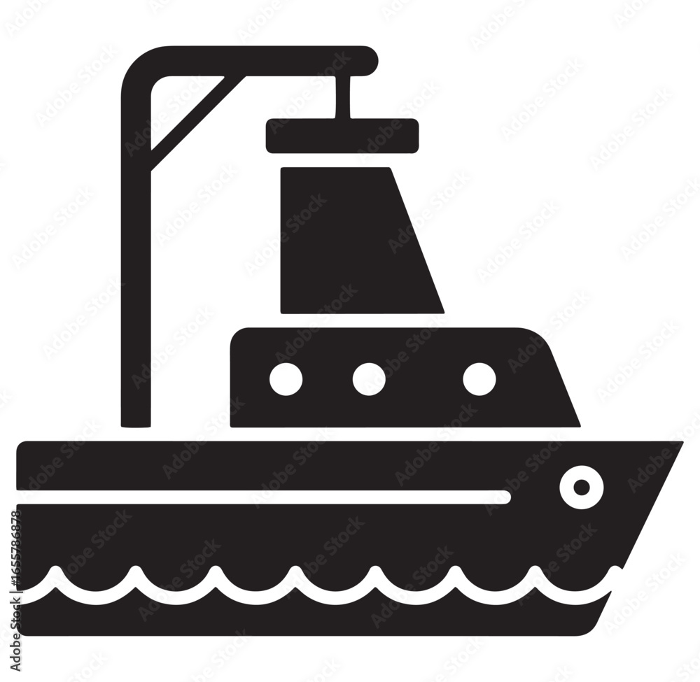Fototapeta premium Simple black and white vector illustration of a modern fishing boat or vessel