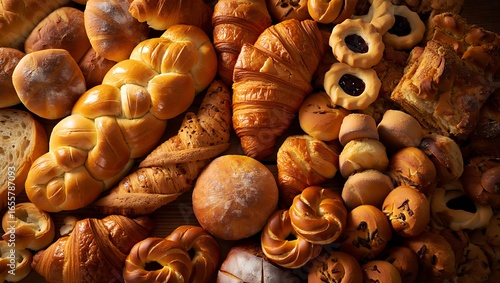 Abundant full frame assortment of golden baked goods including croissants, braided bread, and various artisan pastries.