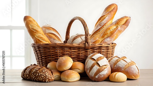 Rustic wicker basket overflowing with an abundant assortment of freshly baked golden artisan breads, including baguettes and rolls, on a light wooden table by a window.