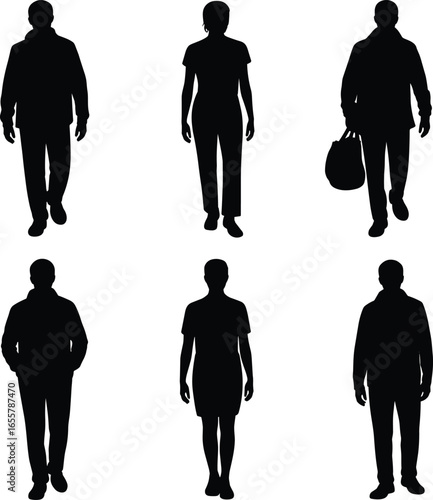 Silhouette people walking standing isolated collection, human figure black shadow set, man woman walking posing casual lifestyle illustration vector.