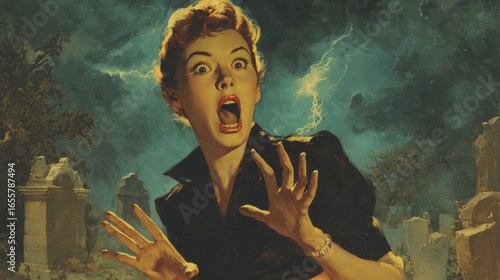 Vintage horror illustration of a 1950s woman screaming in terror in a cemetery scene