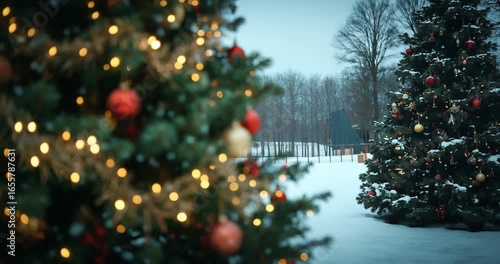 Close-Up Christmas Tree with Golden Lights and Red Holiday Ornaments Snow