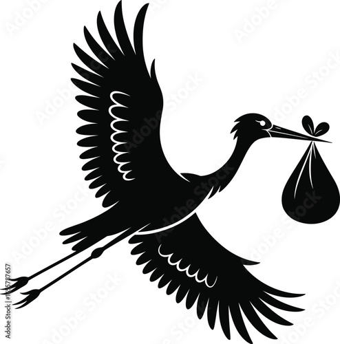 Flying stork carrying baby bundle silhouette, newborn delivery symbol, motherhood concept, pregnancy illustration, baby shower decoration, parenthood happiness, family celebration design.