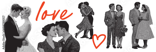 Vintage retro 1950s style couples in love and wedding scenes illustrated in classic halftone graphic print design