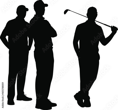 Golfers, silhouette, standing, golf clubs, outdoor, sport, leisure, activity, casual, relaxed, pose, shadow, hobby, fitness, teamwork, scenic, lifestyle, equipment, black, white.