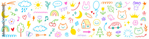 Kid cute baby doodle summer element set. Colorful kid sketch cute heart, kindergarten rainbow and childish toy cartoon elements. Hand drawn school playground activity icons. Vector illustration