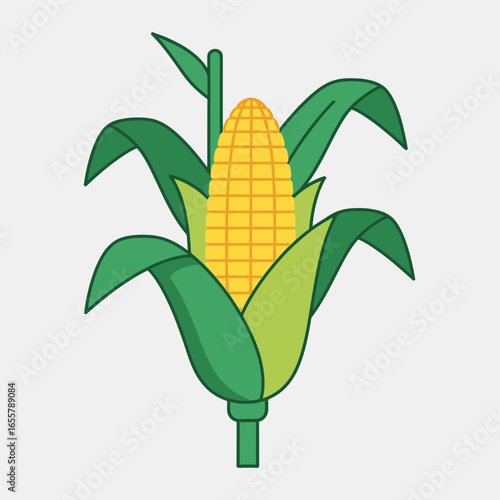 Yellow corn cob with green leaves on a light gray background.