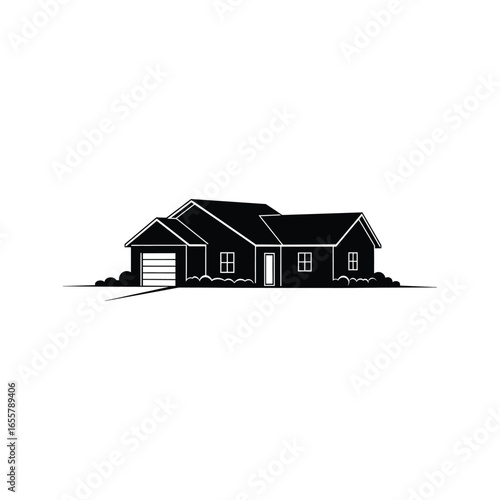 Black and white house silhouette home with garage design illustration