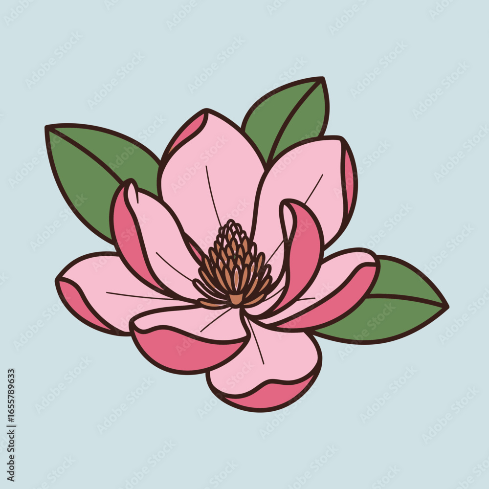 Fototapeta premium Pink flower with green leaves on a light blue background.