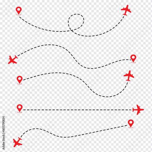 Airplane line path icon set. Vector illustration of air plane flight route with line trace on white background. map pins, location pins. Travel from start point and dotted line tracing. EPS 10