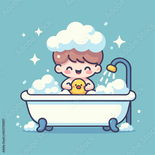 flat illustration of a child taking a bubble bath