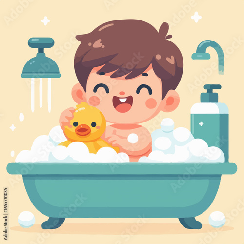 flat illustration of a child taking a bubble bath