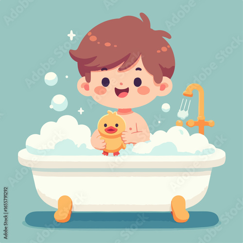 flat illustration of a child taking a bubble bath