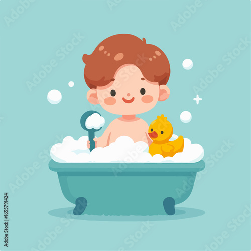 flat illustration of a child taking a bubble bath