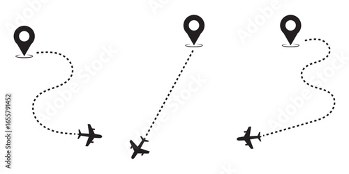 Airplane line path icon set. Vector illustration of air plane flight route with line trace on white background. map pins, location pins. Travel from start point and dotted line tracing. EPS 10