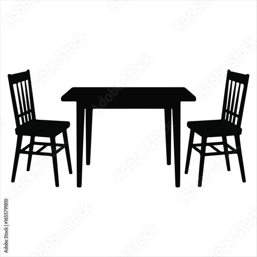 Black Table and Chairs Silhouette on White Background