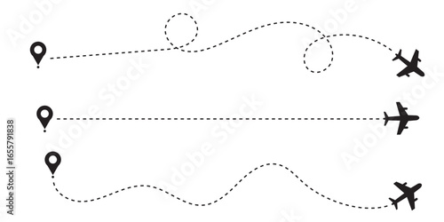 Airplane line path icon set. Vector illustration of air plane flight route with line trace on white background. map pins, location pins. Travel from start point and dotted line tracing. EPS 10