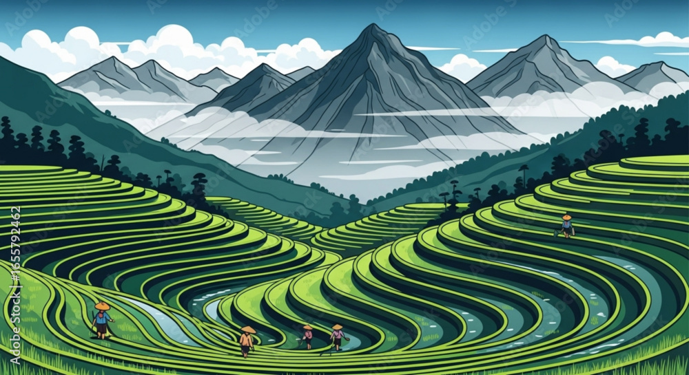 Obraz premium Explore beautiful rice terraces landscape with mountains and farmers vector illustration travel destination