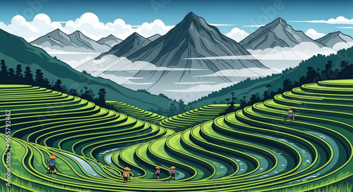 Explore beautiful rice terraces landscape with mountains and farmers vector illustration travel destination