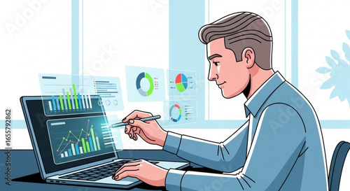 Man analyzing data on laptop with charts and graphs for business intelligence and data analytics insight
