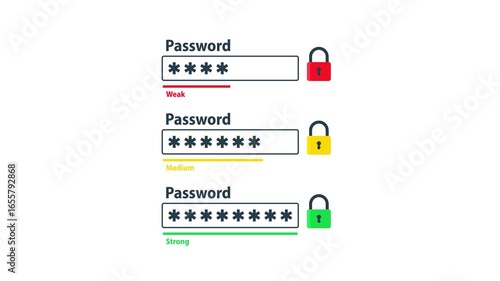 Password strength levels increasing, from weak to strong