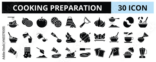 30 Cooking Preparation Glyph Icons Vector - Mix Flour, Seasoning With Salt, Wash Vegetable, Spread Butter, Marinade Meat, Wash Vegetable