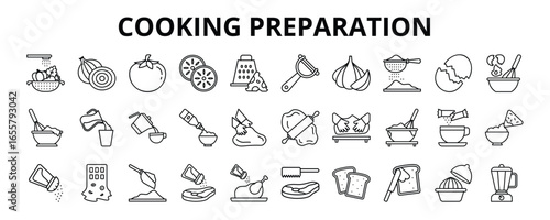 30 Cooking Preparation Line Icons Vector - Mix Flour, Seasoning With Salt, Wash Vegetable, Spread Butter, Marinade Meat, Wash Vegetable