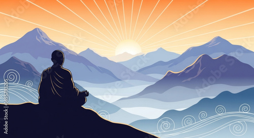 Meditation mindfulness zen yoga retreat spiritual wellness mountains sunrise landscape vector illustration