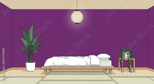 Minimalist japanese bedroom interior design with tatami mats and plants for home decor inspiration
