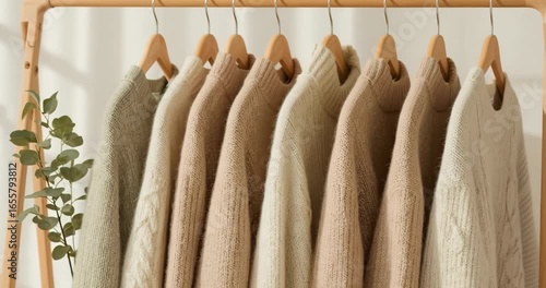 Cozy Knit Sweaters in Neutral Tones Hanging on Wooden Rack Winter Fashion