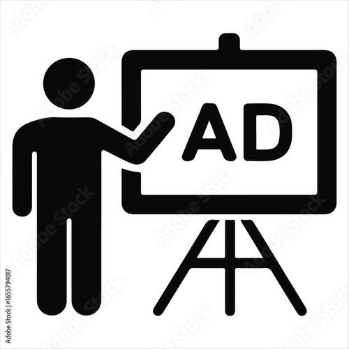 Black and White Presentation Icon with Presenter and A D Text