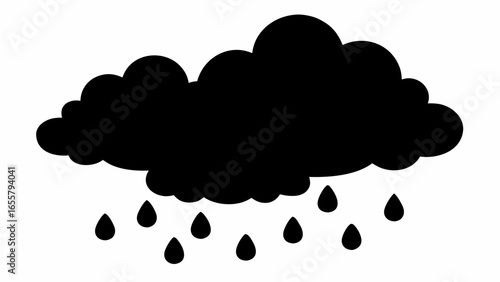 Black silhouette of a rain cloud with several raindrops falling down in a simple vector illustration