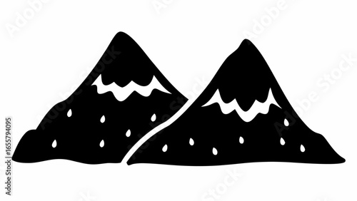 Illustration of two mountain peaks with snow caps and small white dots scattered across the mountain sides