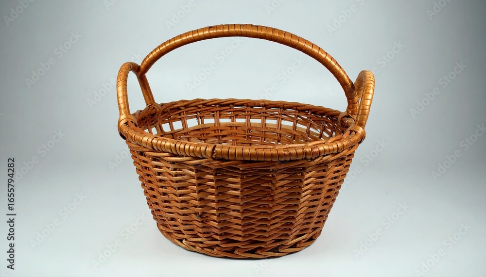 Obraz premium Handwoven wicker basket with arched handle, intricate weave pattern, empty on plain surface, rustic craftsmanship.