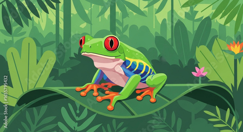 Red eyed tree frog illustration in jungle rainforest vector graphic design for nature and wildlife projects