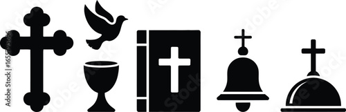 Collection of christian faith and church related icons in silhouette style