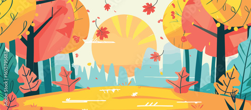 Colorful Autumn Landscape with Sunset Illustration