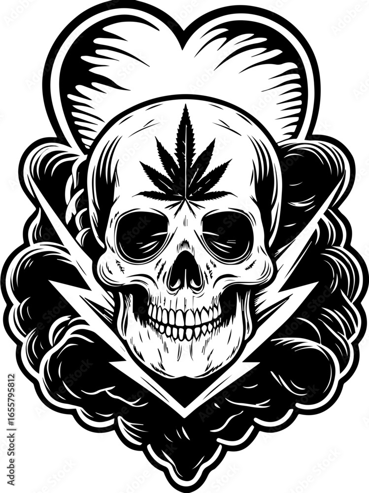 Fototapeta premium SVG featuring a skull adorned with cannabis leaves in a Halloween theme. Skull Design with Cannabis Leaf and Lightning Bolt Artwork