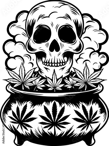 SVG featuring a skull adorned with cannabis leaves in a Halloween theme. Skull in Cauldron with Cannabis Leaves and Smoke on Top