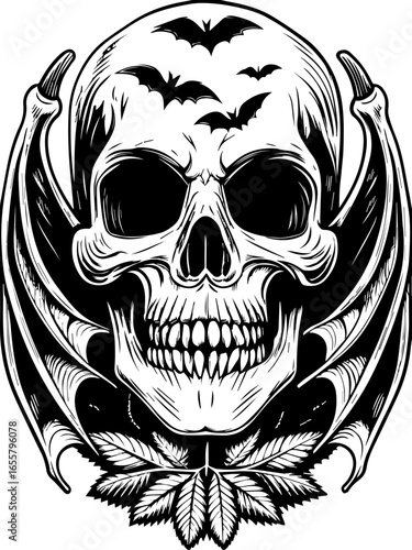SVG featuring a skull adorned with cannabis leaves in a Halloween theme. Intricate Skull with Bats and Leaf Design for Halloween Theme
