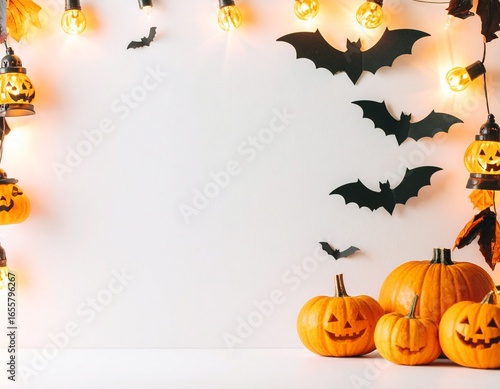 Halloween flat lay: carved pumpkins, bats, string lights against a white background, creating a warm, festive mood.