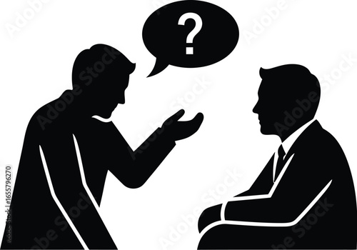 Two businessmen are having a conversation with a question mark above their heads, they are discussing a problem and looking for a solution