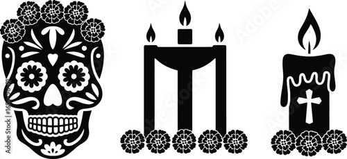 Collection of day of the dead cultural icons presented in a striking black silhouette