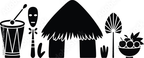 Stylized tribal village scene with huts and figures in silhouette