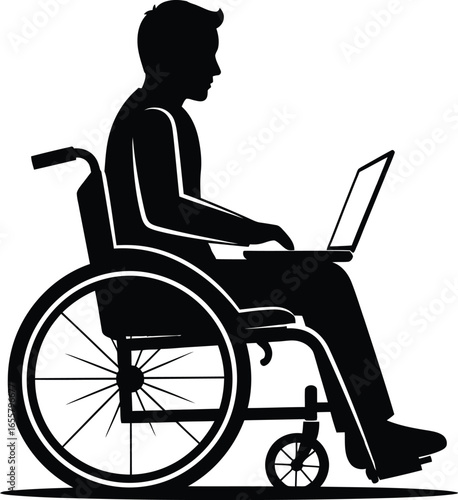 A man in a wheelchair is using a laptop, image represents accessibility, disability inclusion, and technology for people with disabilities